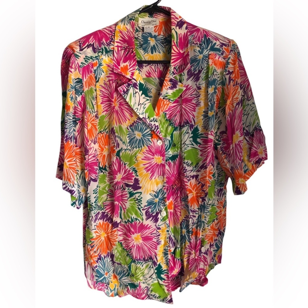 Vintage Christian Dior Separates Button Down Blouse Shoulder Pads Women's 10